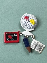 Vintage White Plastic Globe w Blackboard Blue Pencil &amp; Open Book Charm Pin Brooc - £5.42 GBP