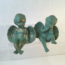 2 Green W/ Gold Ceramic Winged Angel Cherub Statue Figurine Sitters Home Decor - £11.86 GBP