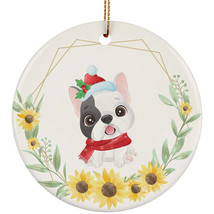 Cute French Bulldog Dog Lover Ornament Sunflower Wreath Xmas Gift Tree Decor - £11.86 GBP