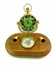 Antique Brass Desk Clock Pen Holder With Wooden Base Collectibles Office Item - £54.53 GBP