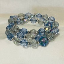 Multi-wrap Memory Wire- Blue, Iridescent Clear, Blue Floral Glass Bead Bracelet. - £11.68 GBP