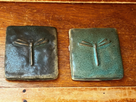 Vintage Lot of Green &amp; Brown Frog Skinned Glazed Simply Dragonfly Square... - $28.62