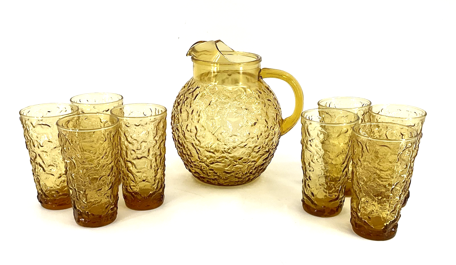 Vintage Anchor Hocking Lido Milano Amber Ball Pitcher &amp; 8 Glasses MCM Co... - $147.51