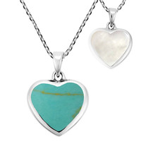 Love Forever Double-Sided Heart with Green Turquoise Sterling Silver Necklace - £17.24 GBP