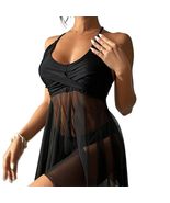 Woman Sheer Mesh Swimsuit, Black Cover Up Halter Wrap Top with Flowy Ski... - $722.07 MXN