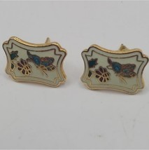 Vintage Cloisonné Butterfly Flower Gold Tone Earrings - $15.00