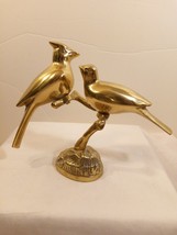 Vintage Solid Brass Two Love Birds/ Cardinals on Branch Figurine MCM Gold Decor - $31.68