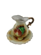 Vintage Hand Painted Porcelain Pitcher and Saucer  with Fruits Gold Tone  - $11.83