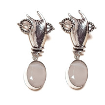 Gray Moonstone Oval Gemstone 925 Silver Overlay Handmade Design Dangle Earrings - £11.95 GBP