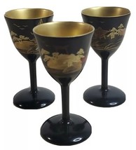 Mini Asian Theme Saki Shot Cups Black Plastic 2 7/8” Tall Set of 3 - $4.80