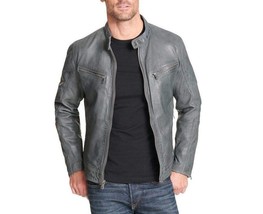 Jacket Leather Biker Gray Mens Slim Fit Motorcycle Vintage Men S Cafe Racer 40 - £27.95 GBP+