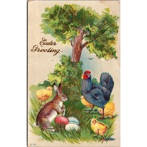 Antique Embossed Easter Greeting Postcard, Chicken Chicks and Rabbit Bunny - £13.66 GBP