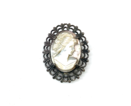 Vtg Signed Sterling Silver Carved Female Right MOP Shell Cameo Pendant Brooch - $54.45