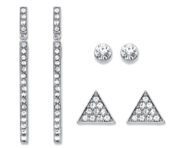 TRIANGLE LINEAR ROUND WHITE CRYSTAL 3 PAIR STUD AND DROP EARRINGS SET SI... - $49.99