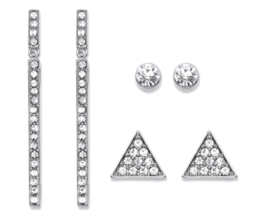 TRIANGLE LINEAR ROUND WHITE CRYSTAL 3 PAIR STUD AND DROP EARRINGS SET SI... - £39.83 GBP