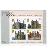 Stamps United Kingdom London 1980 First Miniature Sheet Historic Buildings - $3.95