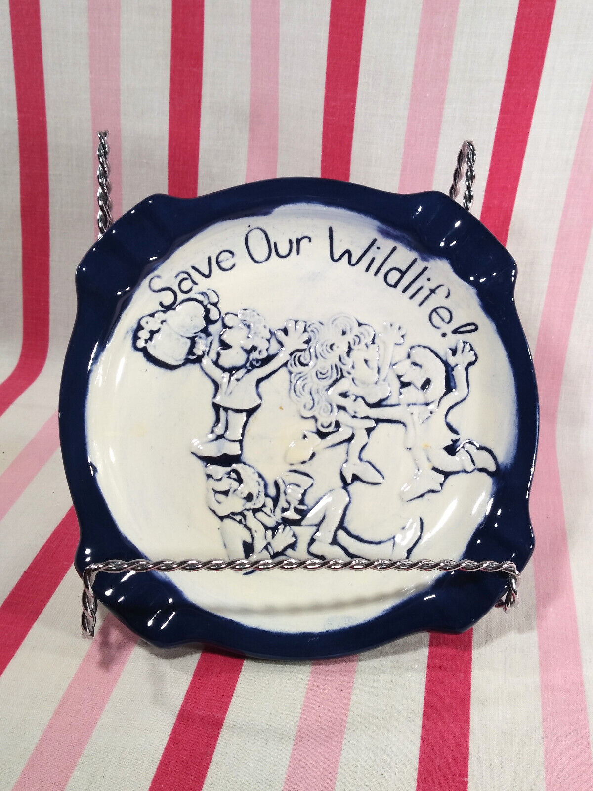 Primary image for Vintage 1970's ‘Save Our Wildlife’ Holland Mold Ceramic Cobalt Blue Ashtray