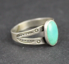 Sterling Silver &amp; Turquoise Navajo Ring FRED HARVEY STAMPED feather 925 size 5.5 - £55.35 GBP