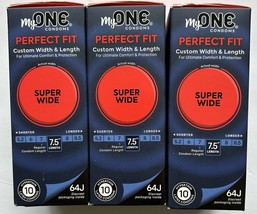 3X MY ONE Perfect Fit Condoms Super Wide 7.5&quot; 64J Hyperthin Latex 10ea 07/27 - £15.59 GBP