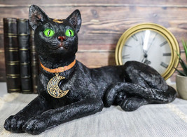 Wicca Witchcraft Green Eyed Black Cat With Crescent Moon Necklace Figurine - £27.81 GBP