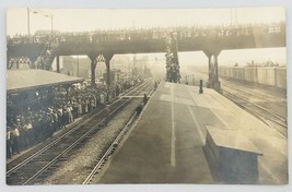 VTG 1920&#39;s AZO RPPC Unknown Train Station Depot with Hundreds Waiting Postcard  - £21.55 GBP