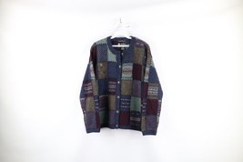 Vintage 90s Eddie Bauer Womens Large Wool Knit Patchwork Button Cardigan Sweater - £71.18 GBP