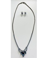 Gunmetal Tone and Blue Jeweled Necklace and Earrings Set #51 - £19.65 GBP