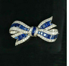 3CT Princess Cut Sapphire &amp; Simulated Diamond Bow Brooch 925Silver Gold Plated - £140.92 GBP
