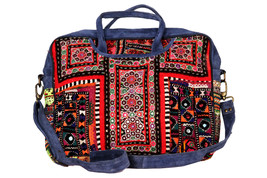 Vintage Boho Suede Leather Jaipur Laptop Bag with Antique Mirror-Work Thread Emb - £79.74 GBP