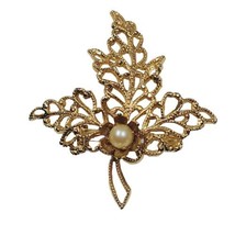 Vintage Filigree Gold Tone Leaf Brooch Open Work With Faux Pearl  - $6.79
