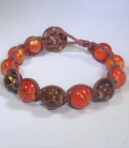 Bracelet Cord Painted Bead Orange Brown w/Button 6.5&quot; Upcycled Handmade - £6.39 GBP