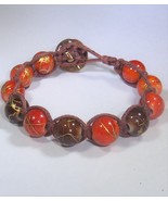 Bracelet Cord Painted Bead Orange Brown w/Button 6.5&quot; Upcycled Handmade - $8.00