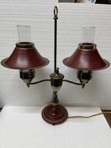 Vintage Toleware  Desk Lamp Red with Brass Trim Double Metal Shades - $197.99