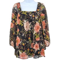Lauren Conrad Womens Square Neck Top Size Large Sheer Lined Floral Black - £13.23 GBP