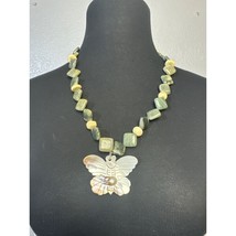 Pearlescent Carved Shell Butterfly Pendant with Stone Beaded Necklace - £21.42 GBP