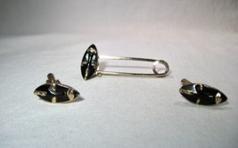Vintage Black Enamel Gold Tone Faces Cuff Links &amp; Tie/Lapel Pin Set K600 - £58.38 GBP