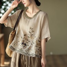  Embroidery  Tees Women Chinese Style Clic Loose Shirts Casual Vintage O Neck Sh - £80.19 GBP