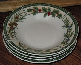 4pc Fairfield Wintergreen Soup/Cereal Bowl Set 8&quot; Holly &amp; Pine Cone Fine China - £21.33 GBP