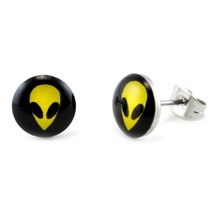 Stainless Steel Post Earrings Alien Face 10mm Ufo Roswell Yellow Black Pair Stud - £6.34 GBP