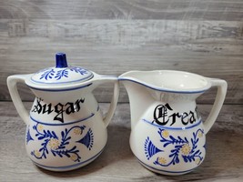 Antique Blue/White &#39;Cream&#39; and &#39;Sugar&#39; Creamer Pitcher and Sugar Bowl - £11.12 GBP