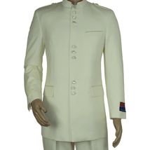 Mens Apollo King Banded Collarless suit Chinese Mandarin Wide leg AG97 Ivory image 2