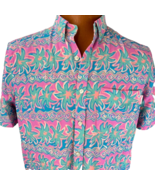 Chubbies Hawaiian Aloha M Shirt Palm Trees Geometric Pink Teal Tropical - $37.49