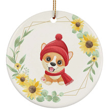 Cute Baby Corgi Dog Ornament Sunflower Wreath Christmas Gift Pine Tree Decor - £11.82 GBP