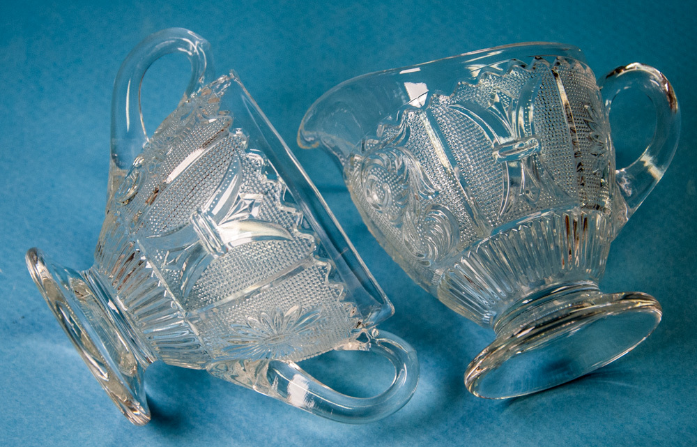 Westmoreland Princess Feather Pressed Glass Open Sugar + 6 oz Creamer Excellent Item image 5