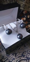 Vintage 1970-s Black Large Pearl Sterling Silver Necklace/Earrings Set i... - £116.55 GBP