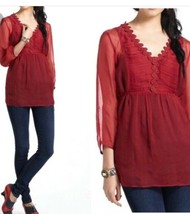 Anthropologie Meadew Rue Misha Ruched Peasant Red Blouse SZ 2 - £20.97 GBP