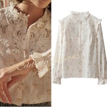 Ruffled High Neck Eyelet Embroidered Blouse in Floral Print – Flared Lon... - £61.88 GBP