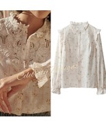 Ruffled High Neck Eyelet Embroidered Blouse in Floral Print – Flared Lon... - $79.99