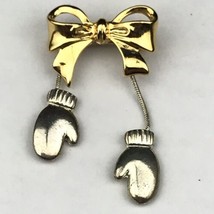 Bow With Dangling Mittens Vintage Pin Brooch Winter Christmas - £9.51 GBP