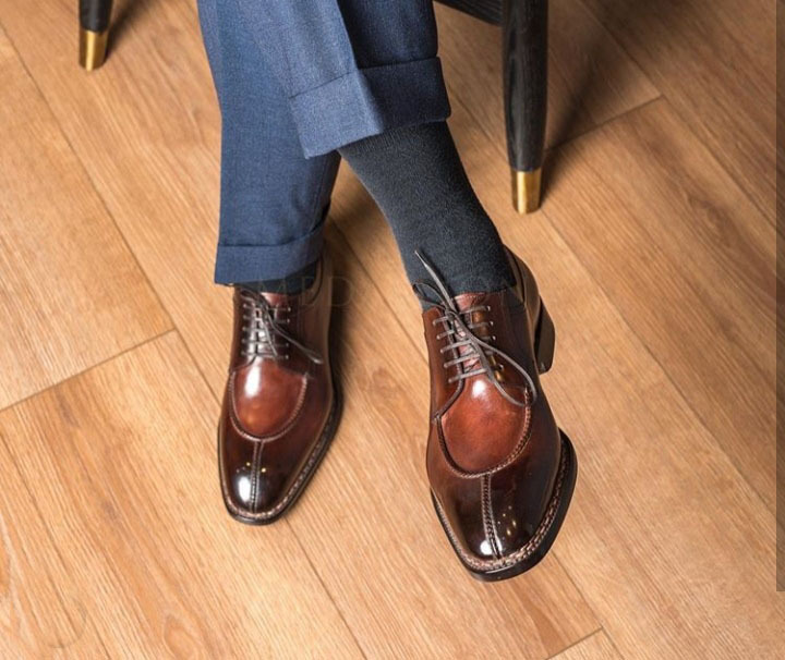 New Handmade Brown Leather Boots, Men's Fashion Split Toe Two tone Lace Up Shoes